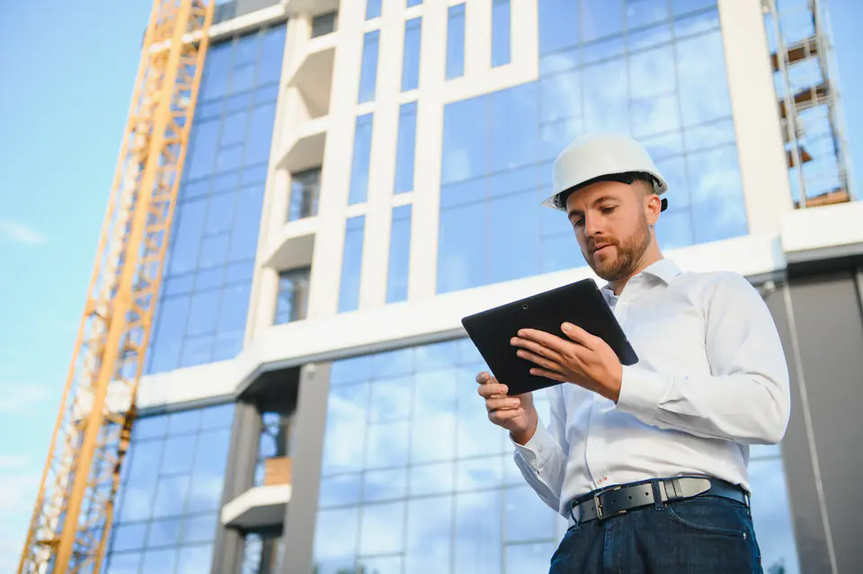 An engineer with a tablet on a building site