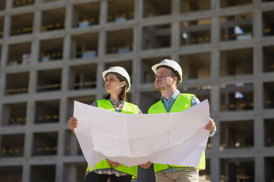 Engineers reviewing drawings on a building site