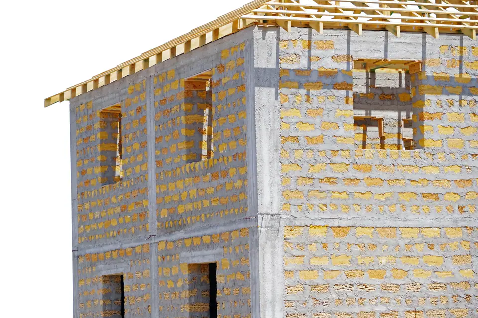 The brick shell of a family house under construction